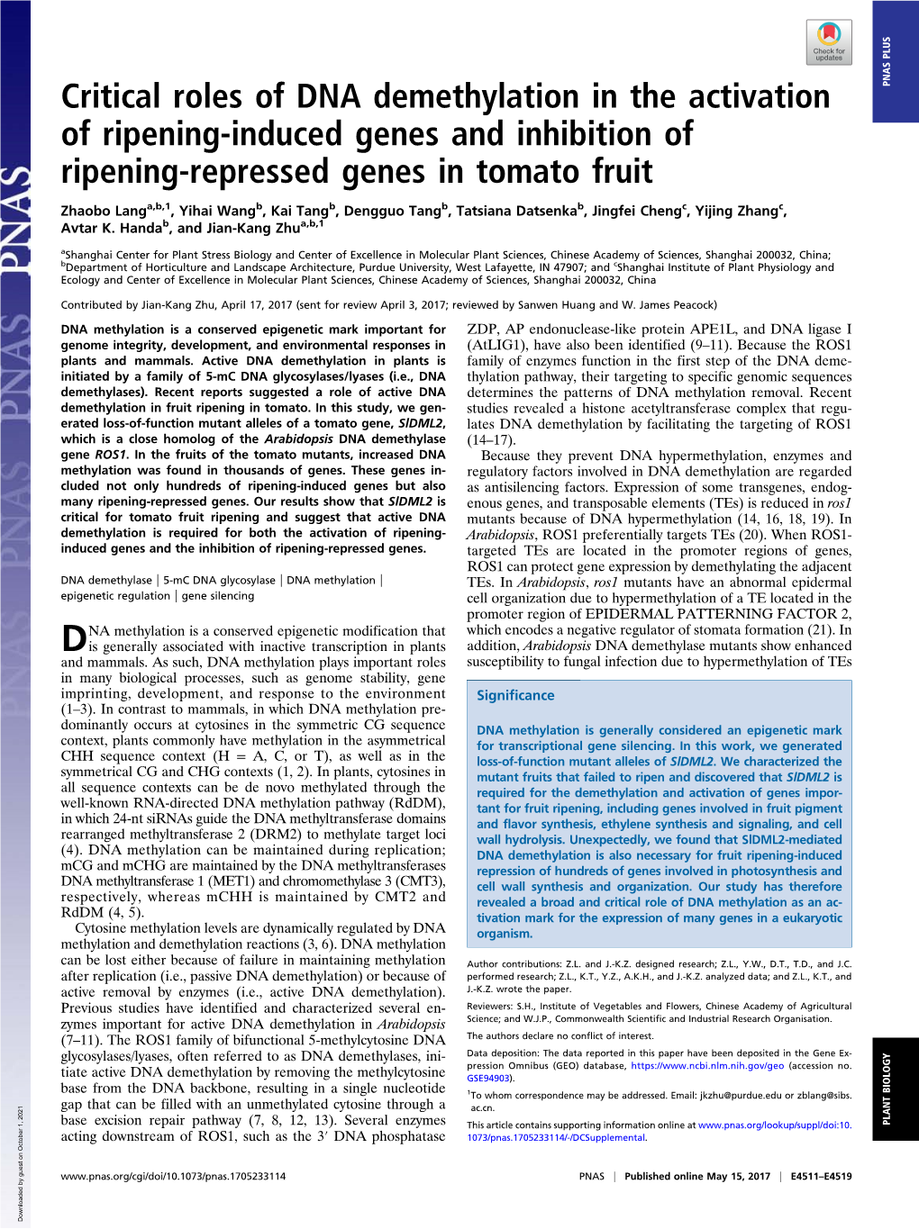 Critical Roles of DNA Demethylation in the Activation of Ripening-Induced