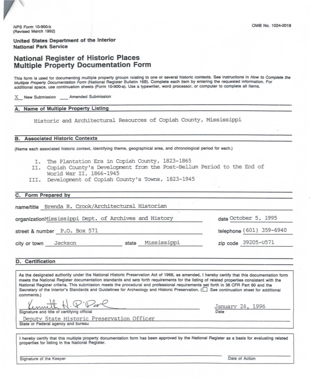 National Register of Historic Places Continuation Sheet Historic and Architectural Resources of Copiah County, Missis Sippi Seotlon Number __E Page __1