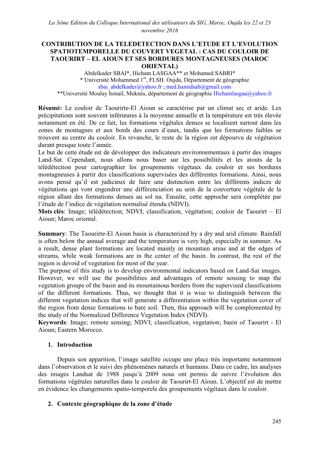 Contribution De La Télédétection Dans L'étude Et L'évolution Spatiotemporelle Du Couvert Végétal: Cas Du Couloir De T