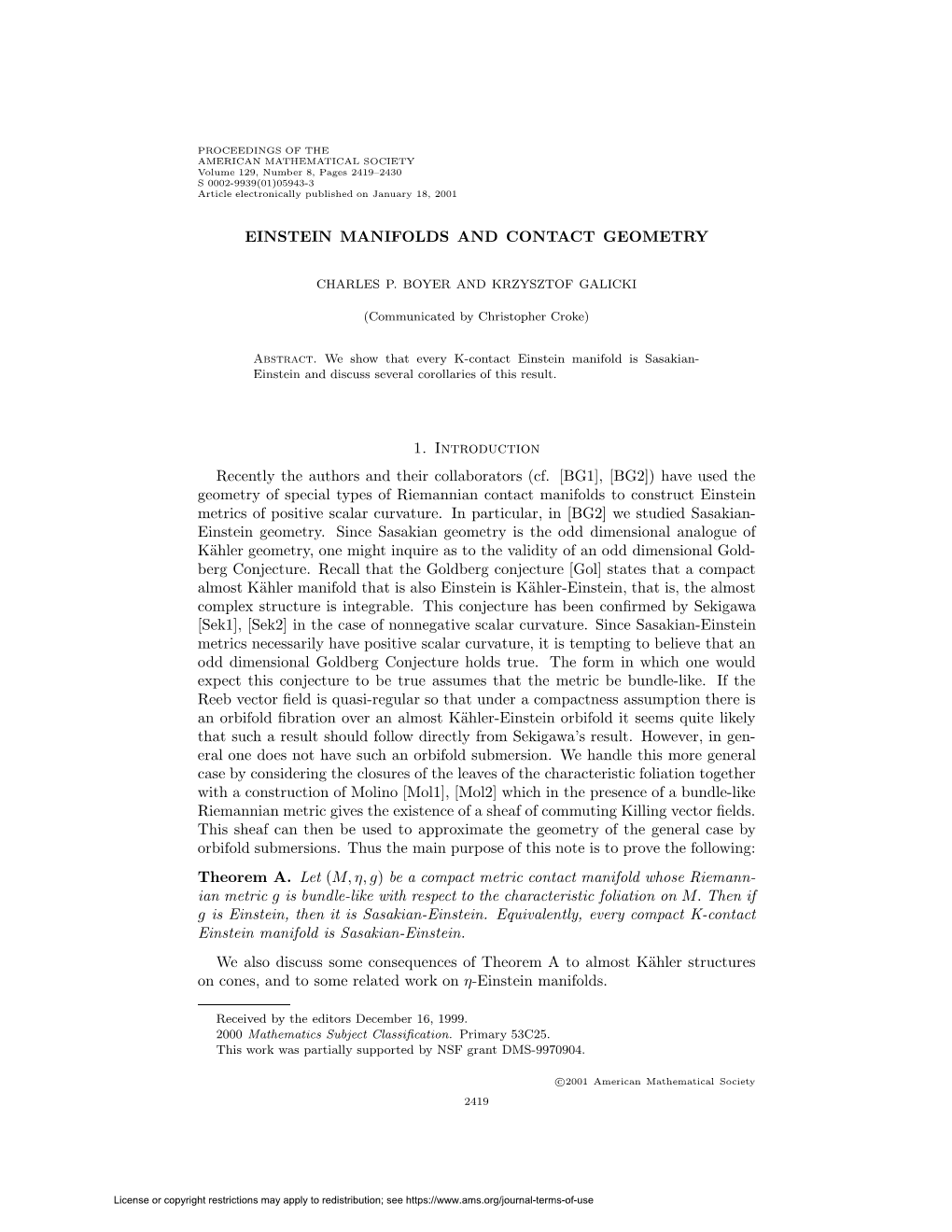 Einstein Manifolds and Contact Geometry 1