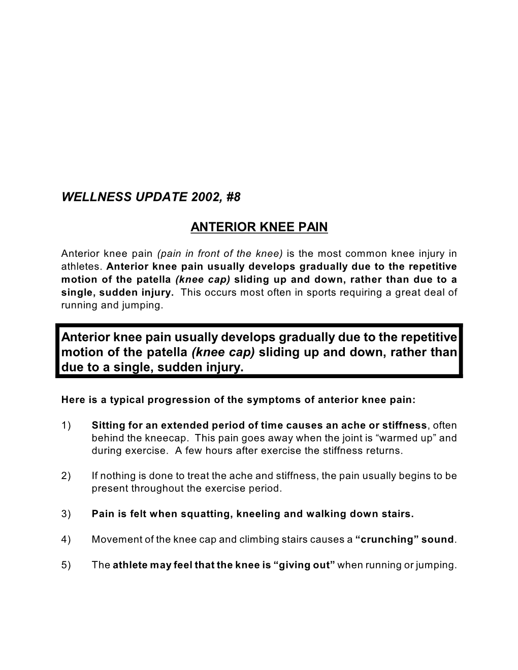 Wellness Update 2002, #8 Anterior Knee Pain