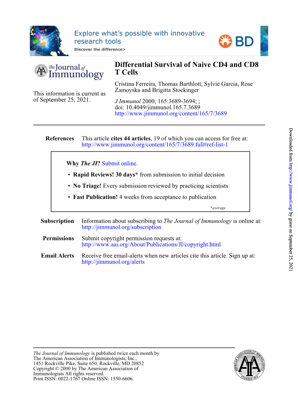 T Cells Differential Survival of Naive CD4 And