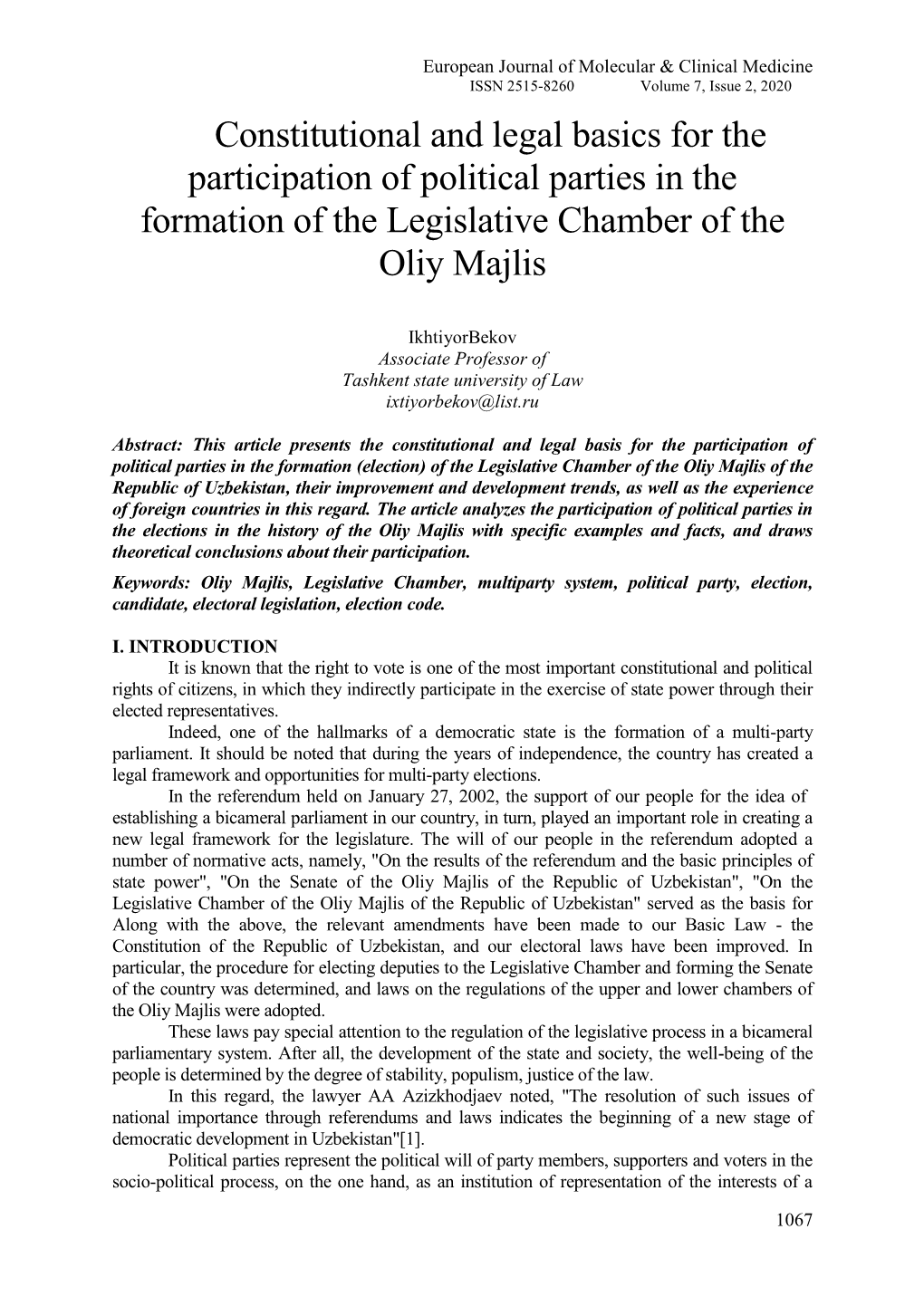 Constitutional and Legal Basics for the Participation of Political Parties in the Formation of the Legislative Chamber of the Oliy Majlis