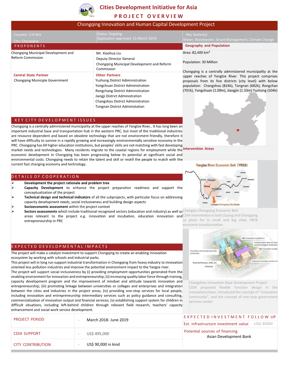 Cities Development Initiative for Asia P R O J E C T O V E R V I E W Chongqing Innovation and Human Capital Development Project