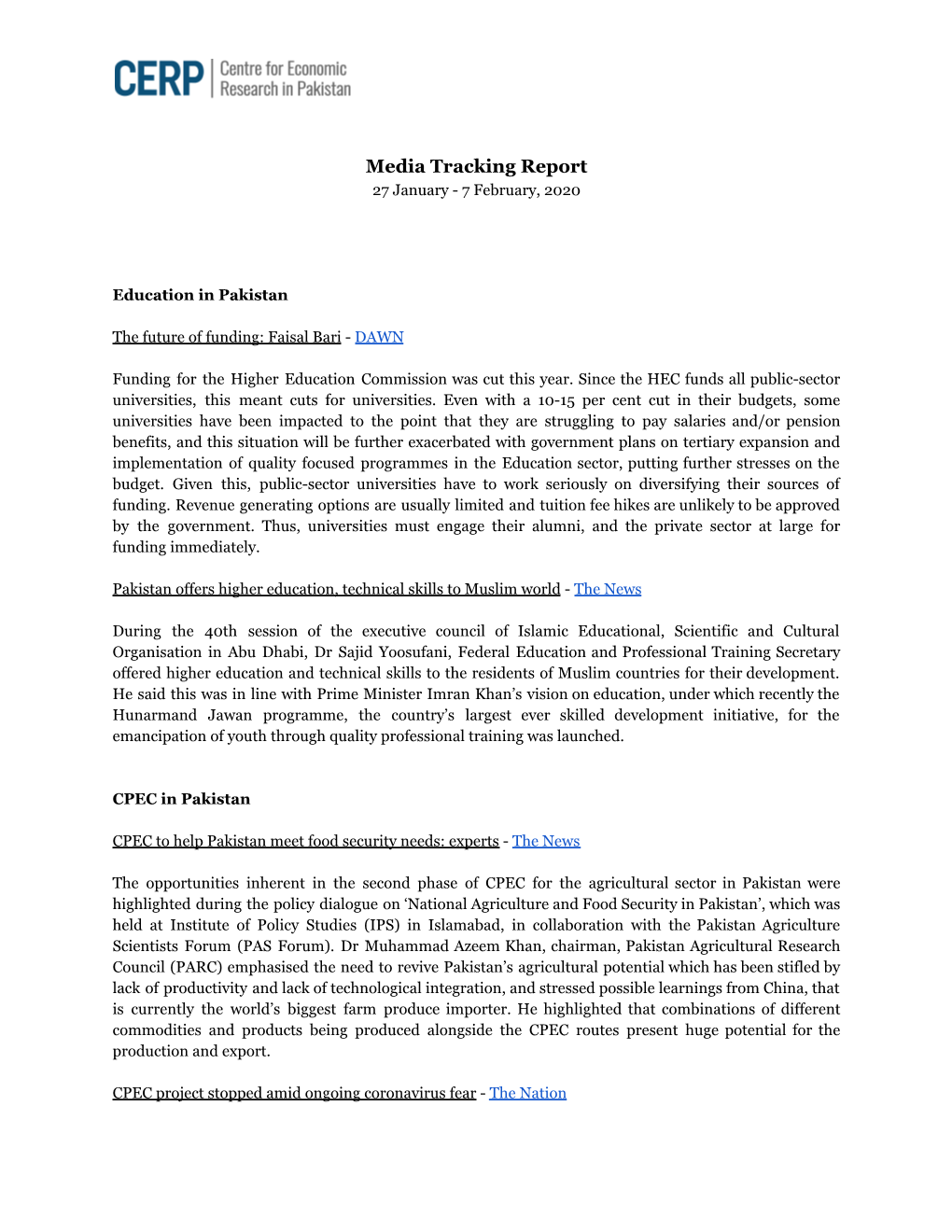 Media Tracking Report 27 January - 7 February, 2020