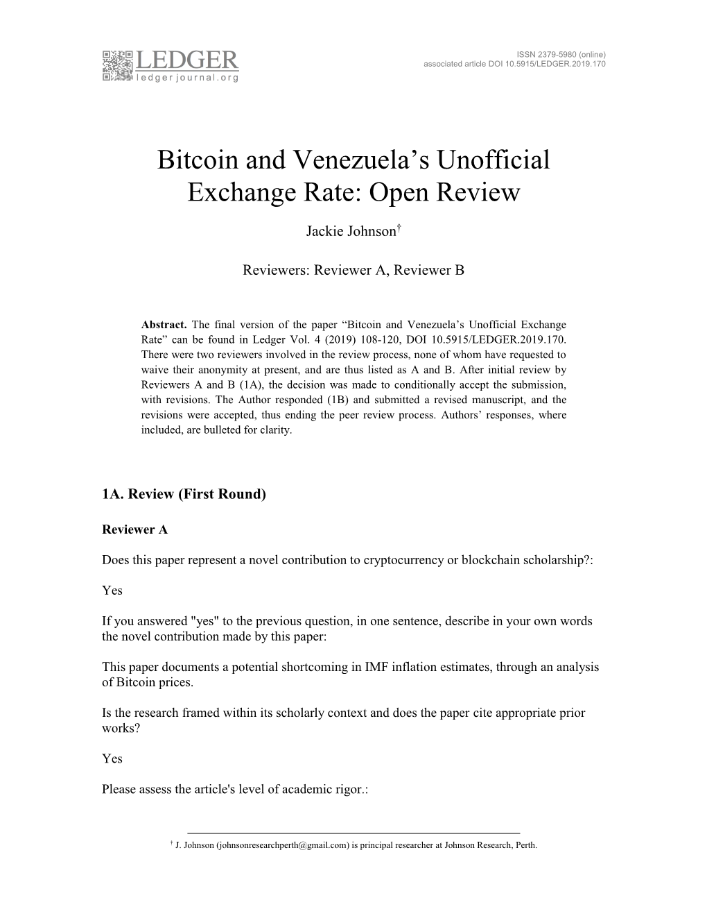 Bitcoin and Venezuela's Unofficial Exchange Rate: Open Review