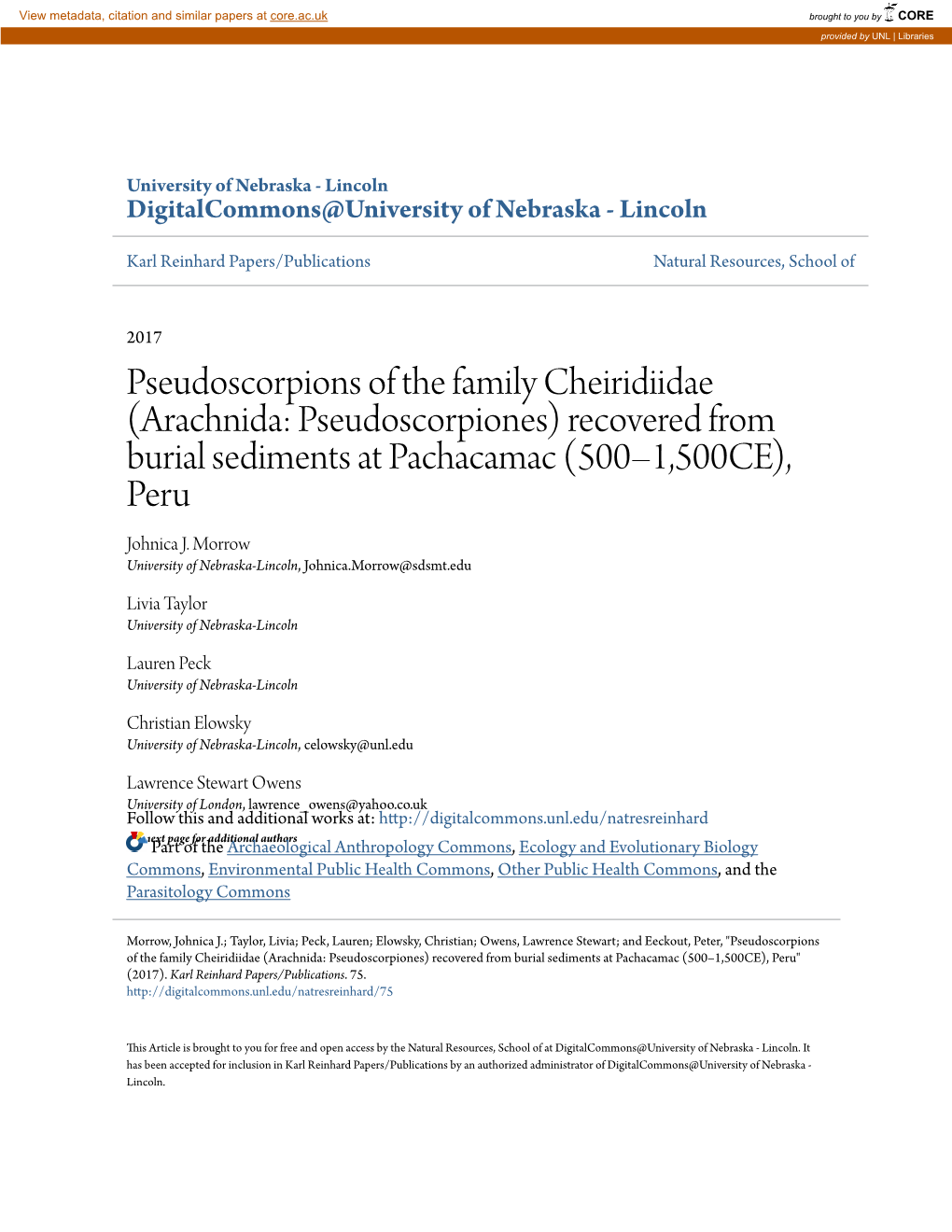 Pseudoscorpions of the Family Cheiridiidae (Arachnida: Pseudoscorpiones) Recovered from Burial Sediments at Pachacamac (500–1,500CE), Peru Johnica J