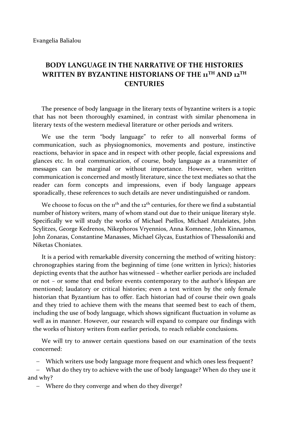 Body Language in the Narrative of the Histories Written by Byzantine Historians of the 11Th and 12Th Centuries