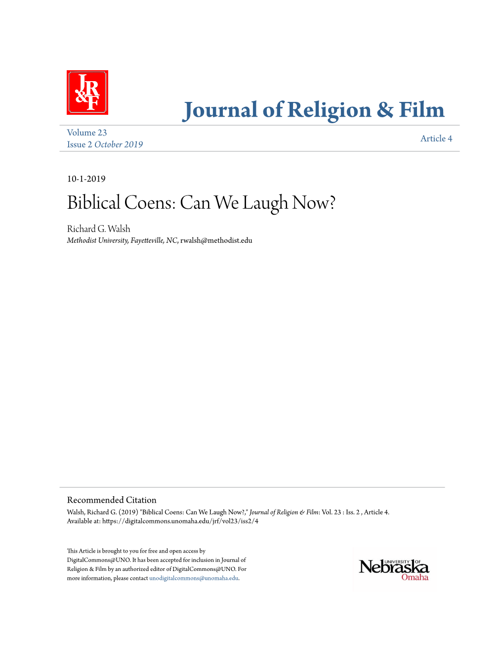 Biblical Coens: Can We Laugh Now? Richard G