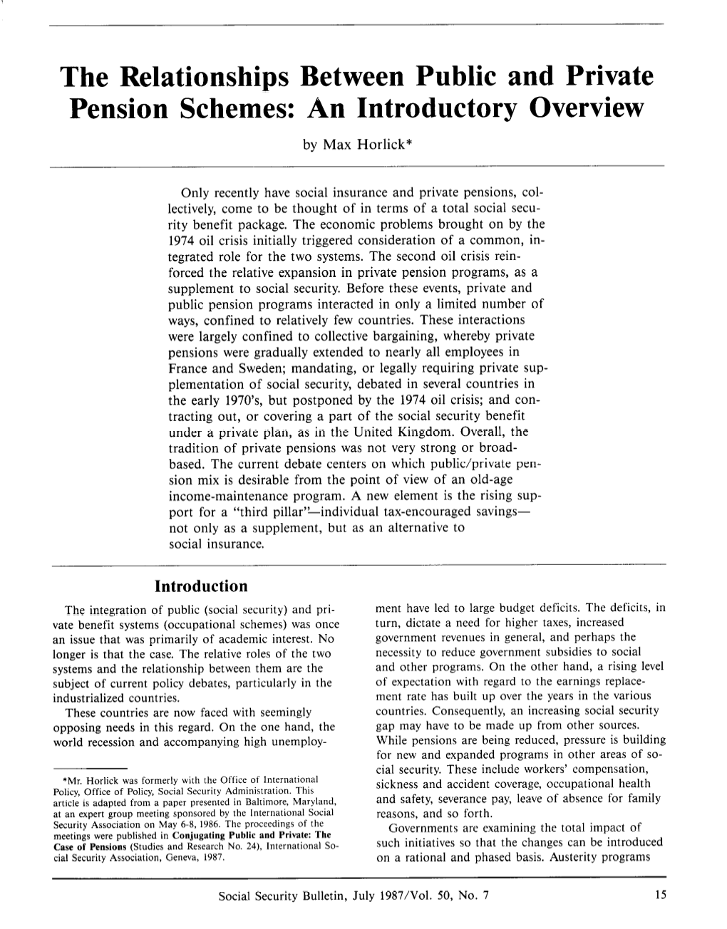 The Relationships Between Public and Private Pension Schemes: an Introductory Overview