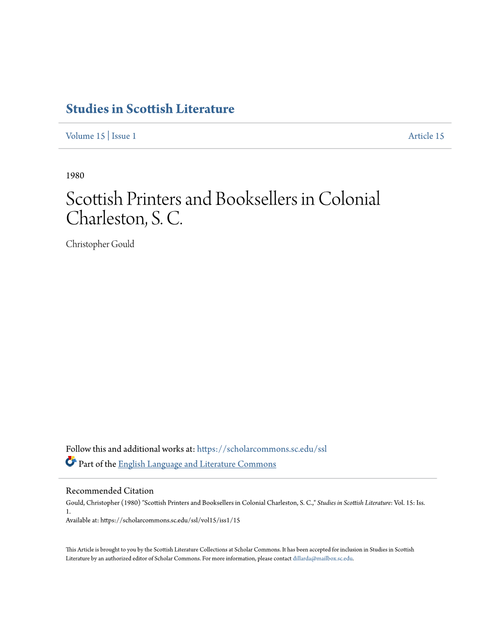 Scottish Printers and Booksellers in Colonial Charleston, S. C. Christopher Gould