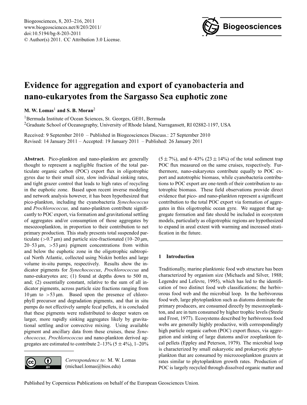 Evidence for Aggregation and Export of Cyanobacteria and Nano-Eukaryotes from the Sargasso Sea Euphotic Zone