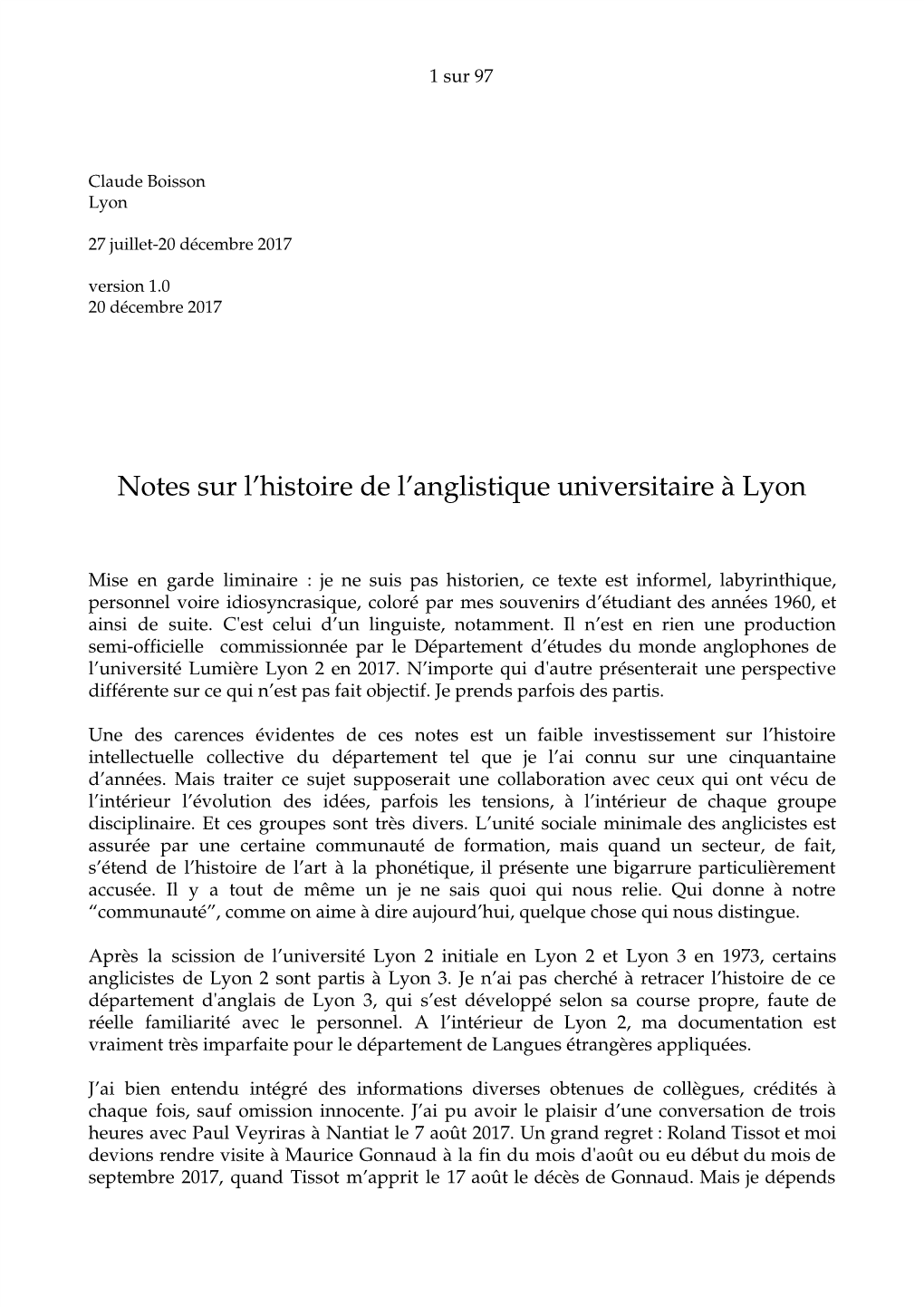 Notes Sur L'histoire De L'anglistique Universitaire À Lyon