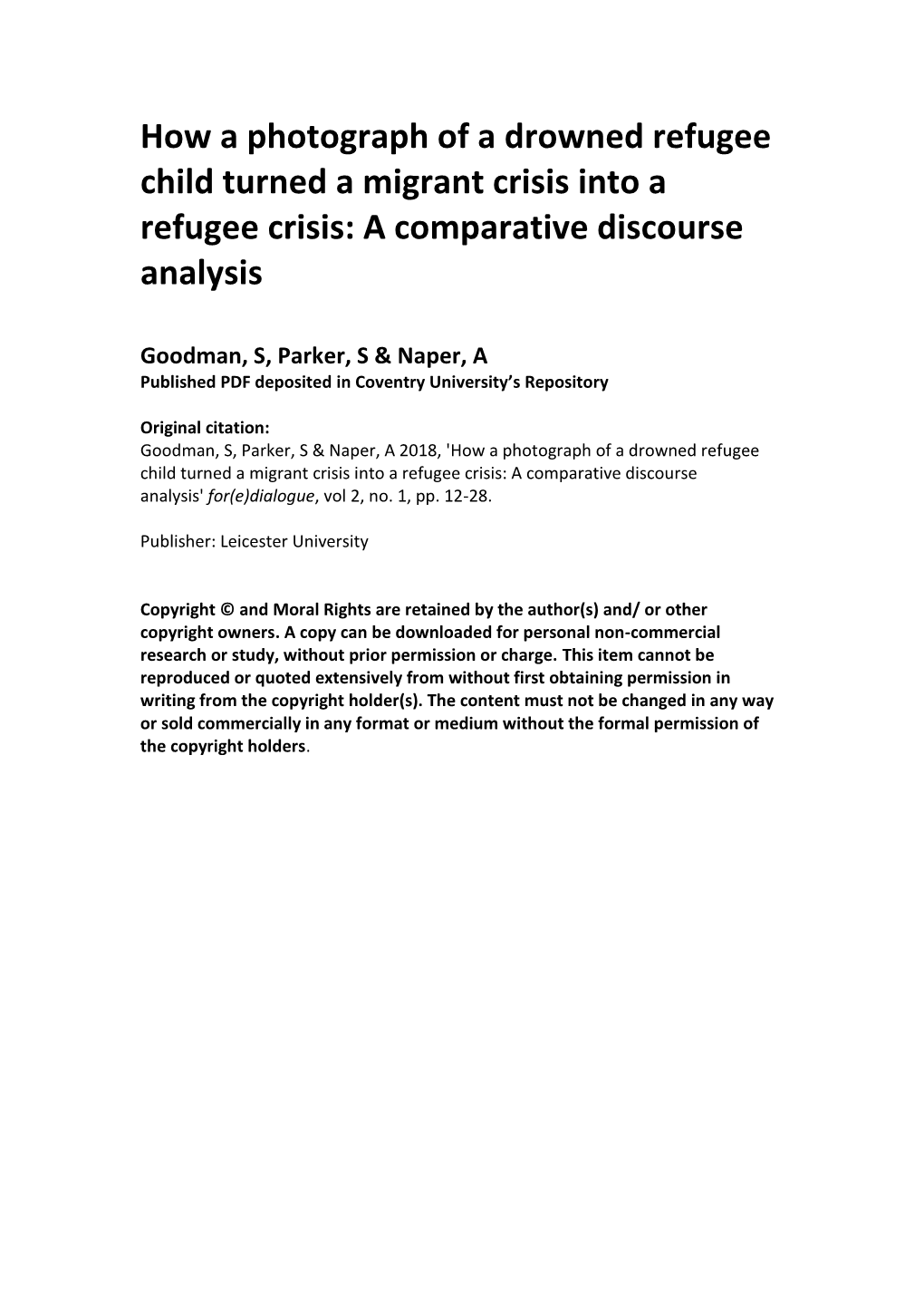 How a Photograph of a Drowned Refugee Child Turned a Migrant Crisis Into a Refugee Crisis: a Comparative Discourse Analysis