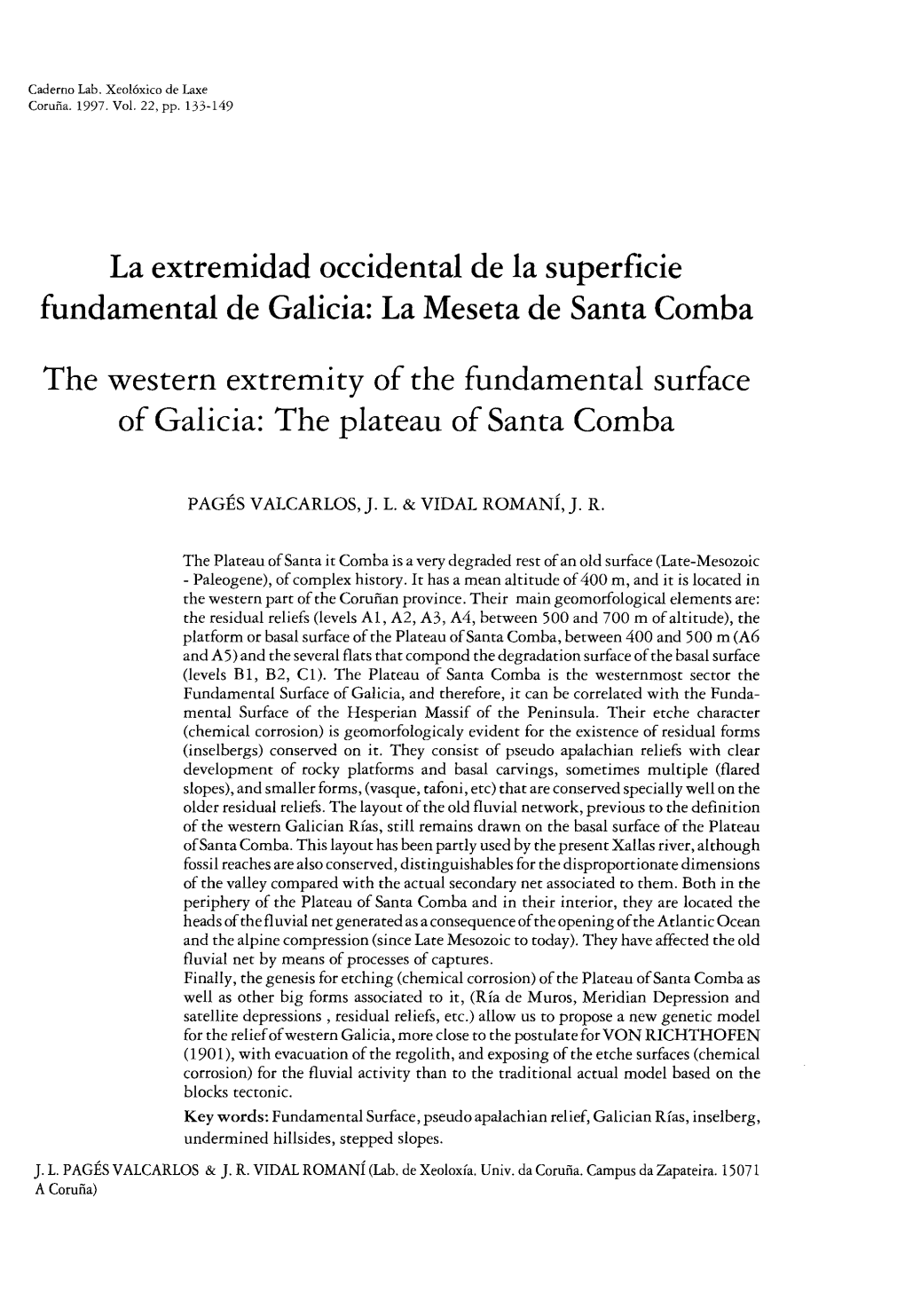 La Extremidad Occidental De La Superficie Fundamental De Galicia: La Meseta De Santa Comba