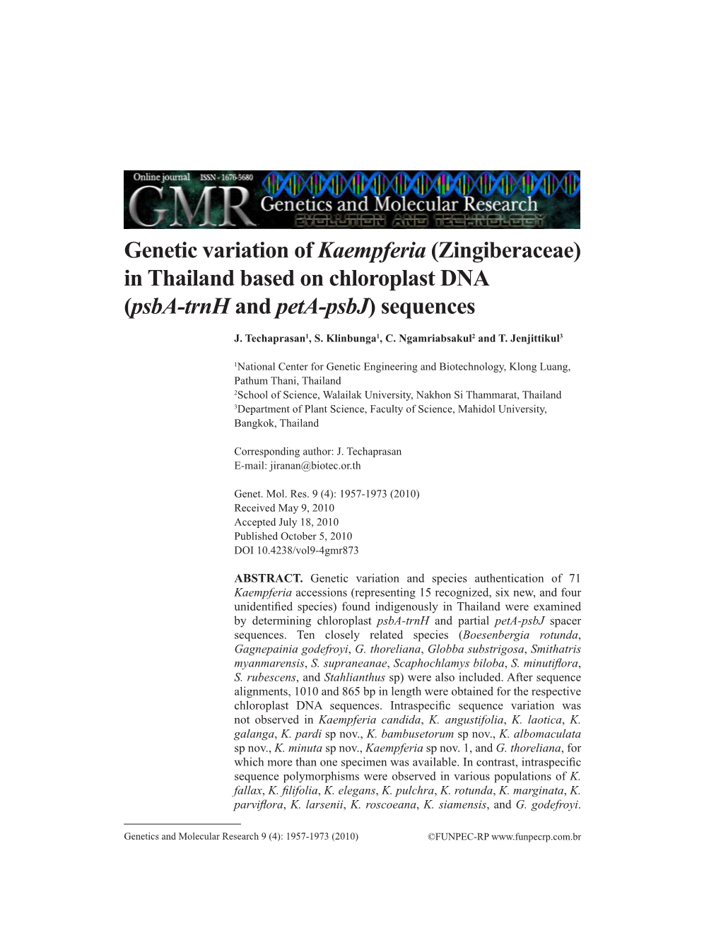 Genetic Variation of Kaempferia (Zingiberaceae) in Thailand Based on Chloroplast DNA (Psba-Trnh and Peta-Psbj) Sequences