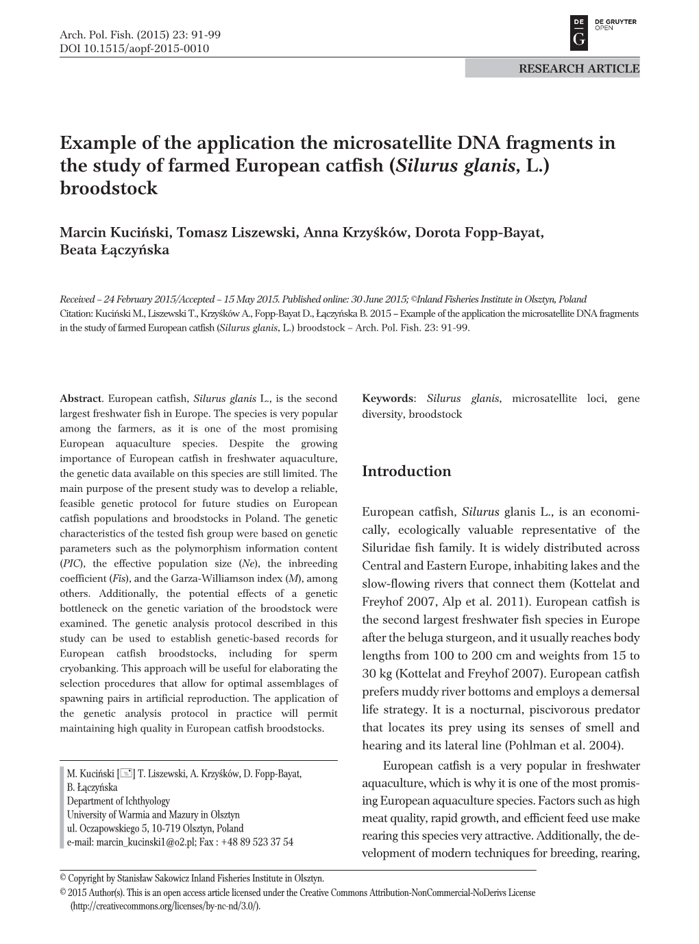 Example of the Application the Microsatellite DNA Fragments in the Study of Farmed European Catfish (Silurus Glanis, L.) Broodstock