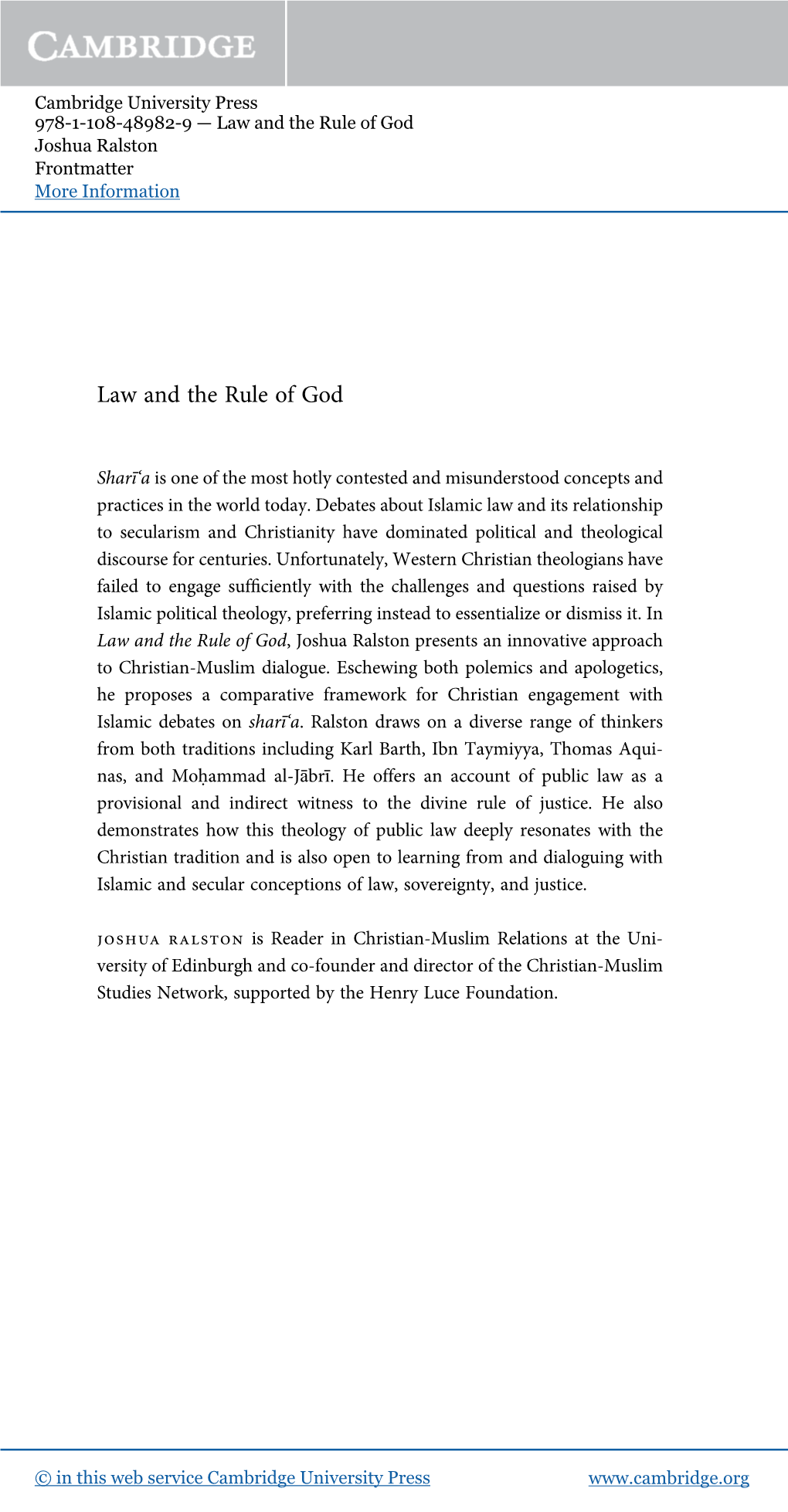 Law and the Rule of God Joshua Ralston Frontmatter More Information