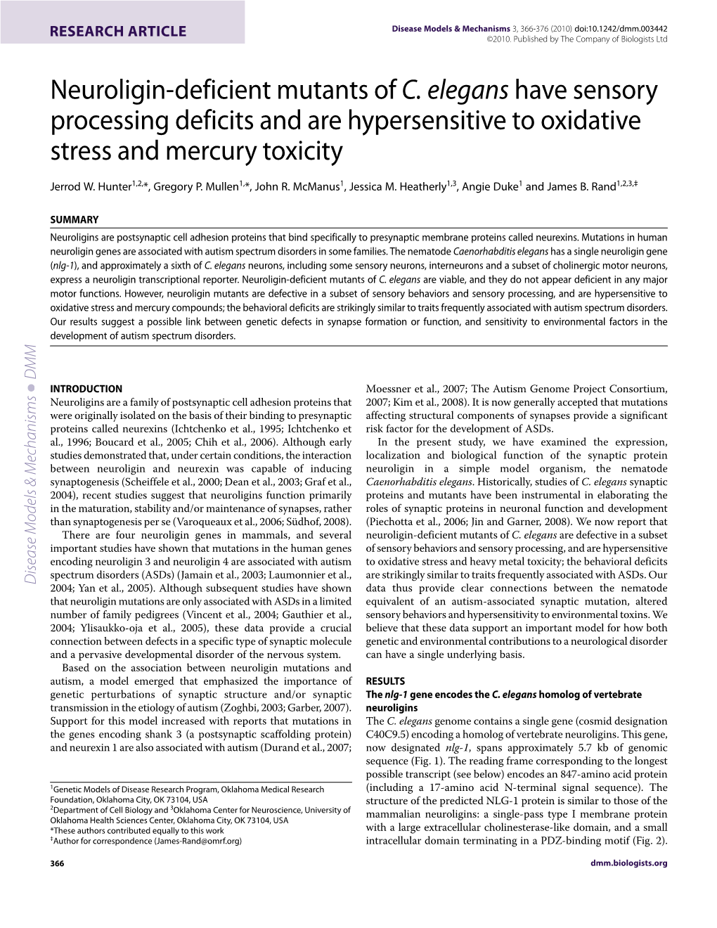 Neuroligin-Deficient Mutants of C. Elegans Have Sensory Processing Deficits and Are Hypersensitive to Oxidative Stress and Mercury Toxicity