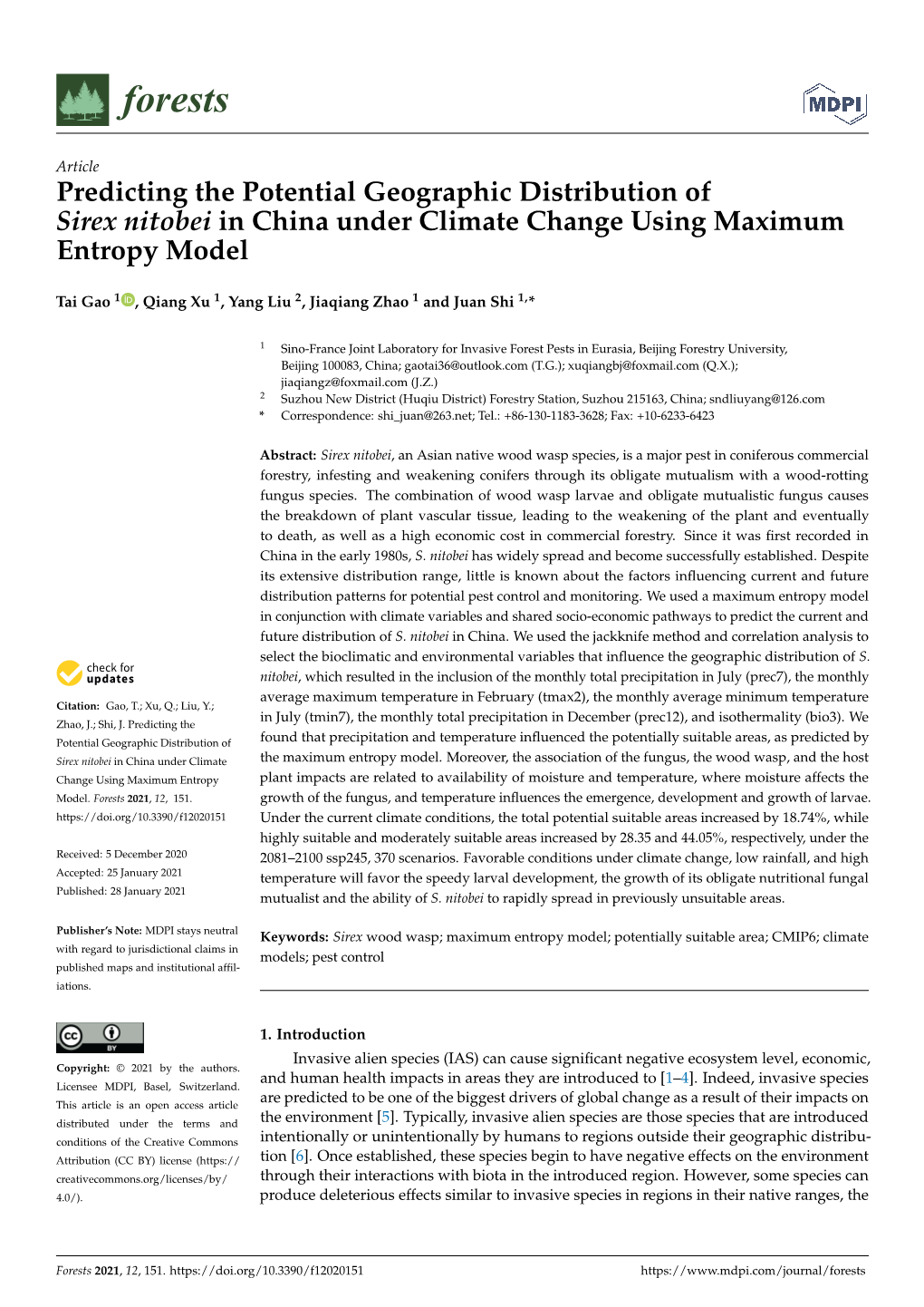 Predicting the Potential Geographic Distribution of Sirex Nitobei in China Under Climate Change Using Maximum Entropy Model
