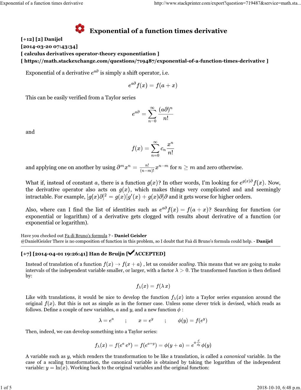 Exponential of a Function Times Derivative