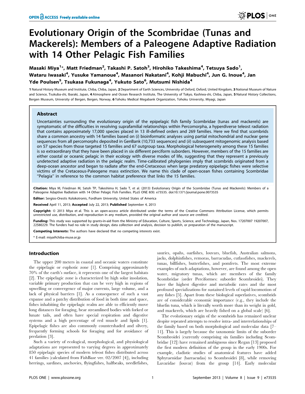 Evolutionary Origin of the Scombridae (Tunas and Mackerels): Members of a Paleogene Adaptive Radiation with 14 Other Pelagic Fish Families