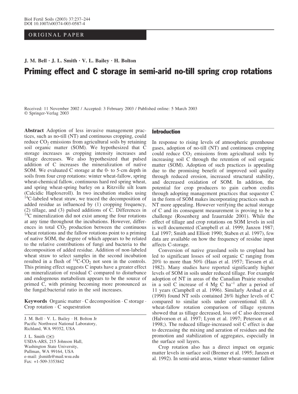 Priming Effect and C Storage in Semi-Arid No-Till Spring Crop Rotations