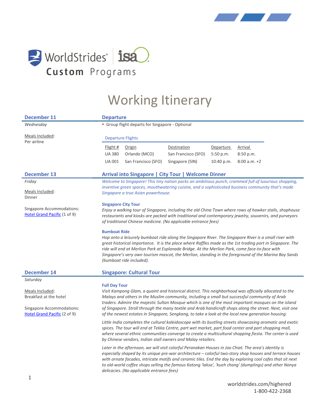 Working Itinerary