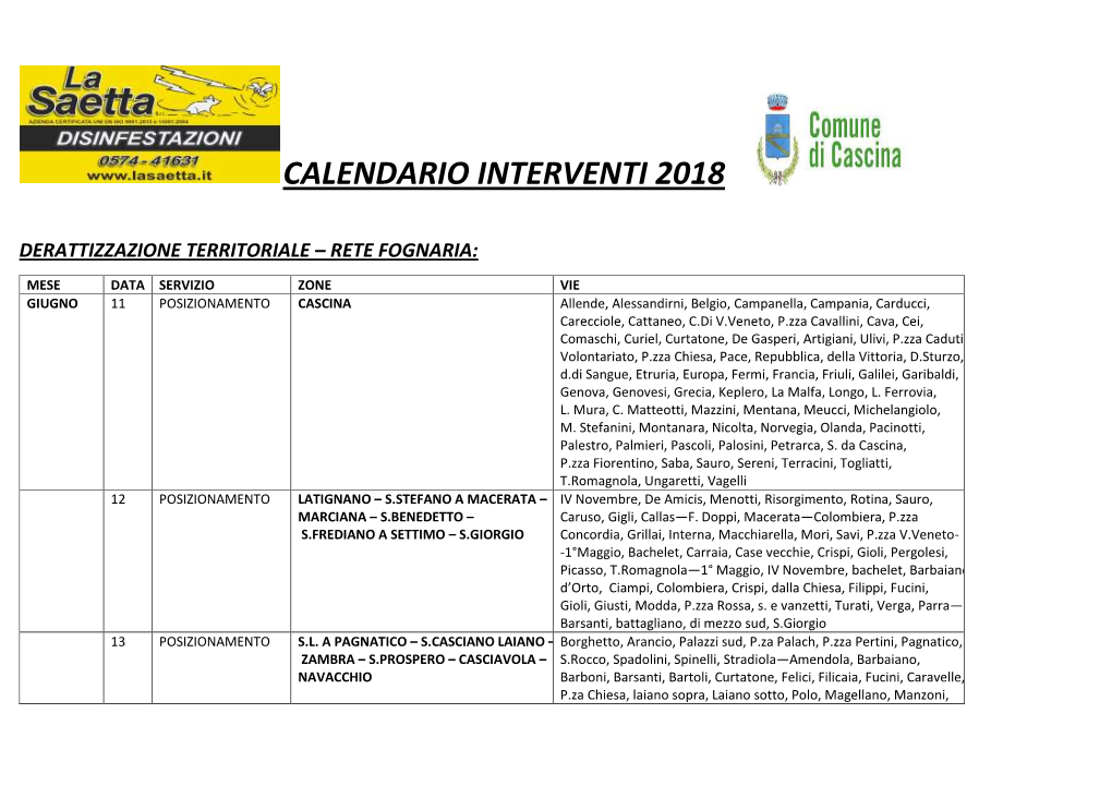 Calendario Interventi 2018