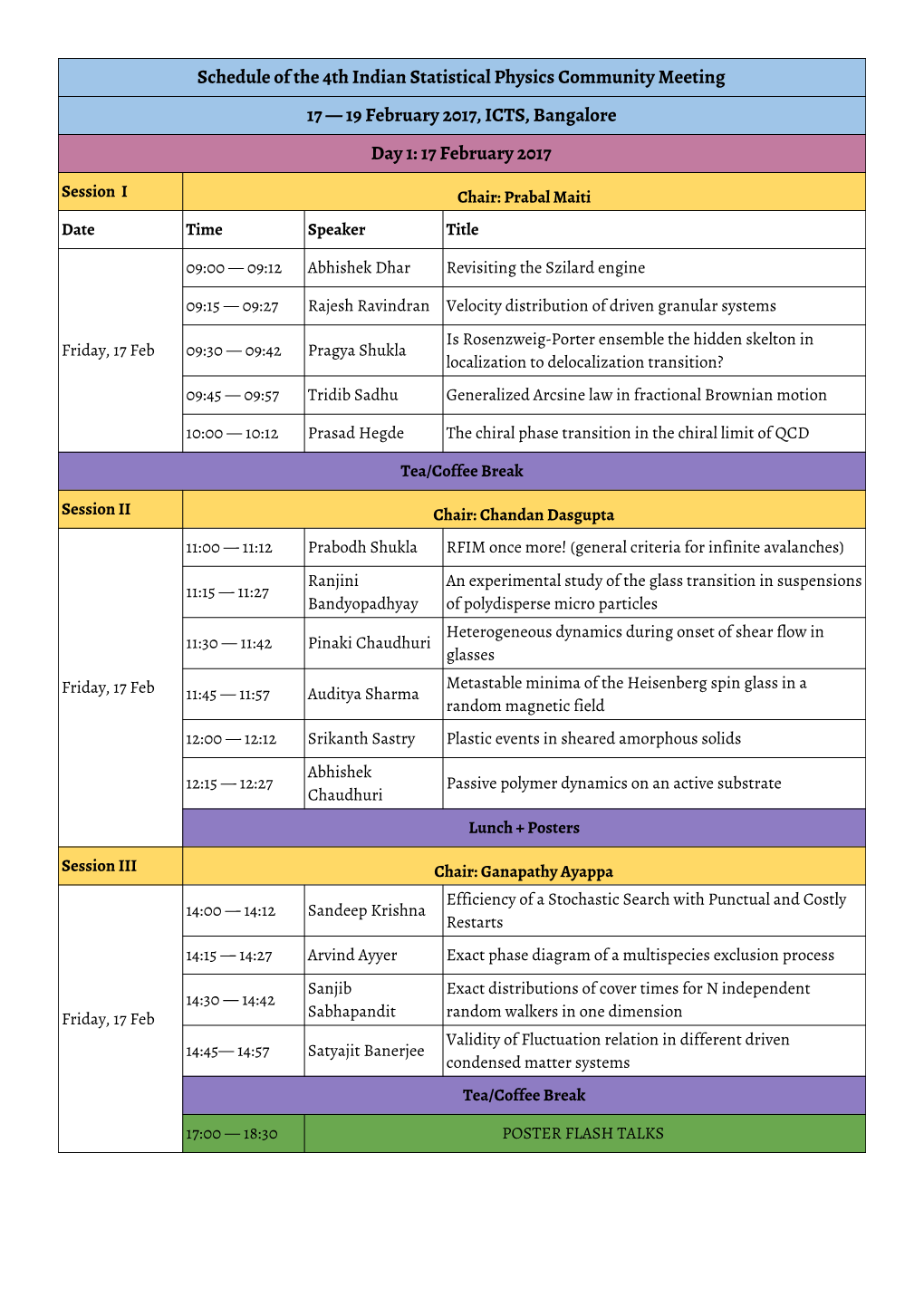 Schedule of the 4Th Indian Statistical Physics Community Meeting 17 — 19 February 2017, ICTS, Bangalore Day 1: 17 February 2017