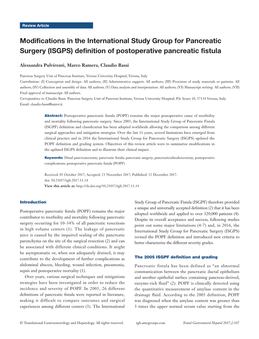 Definition of Postoperative Pancreatic Fistula