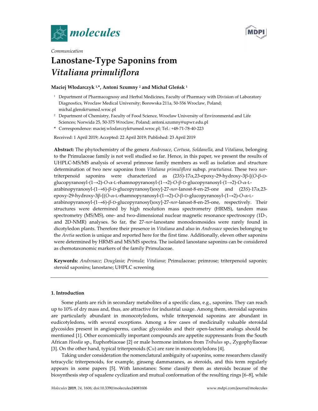 Lanostane-Type Saponins from Vitaliana Primuliflora