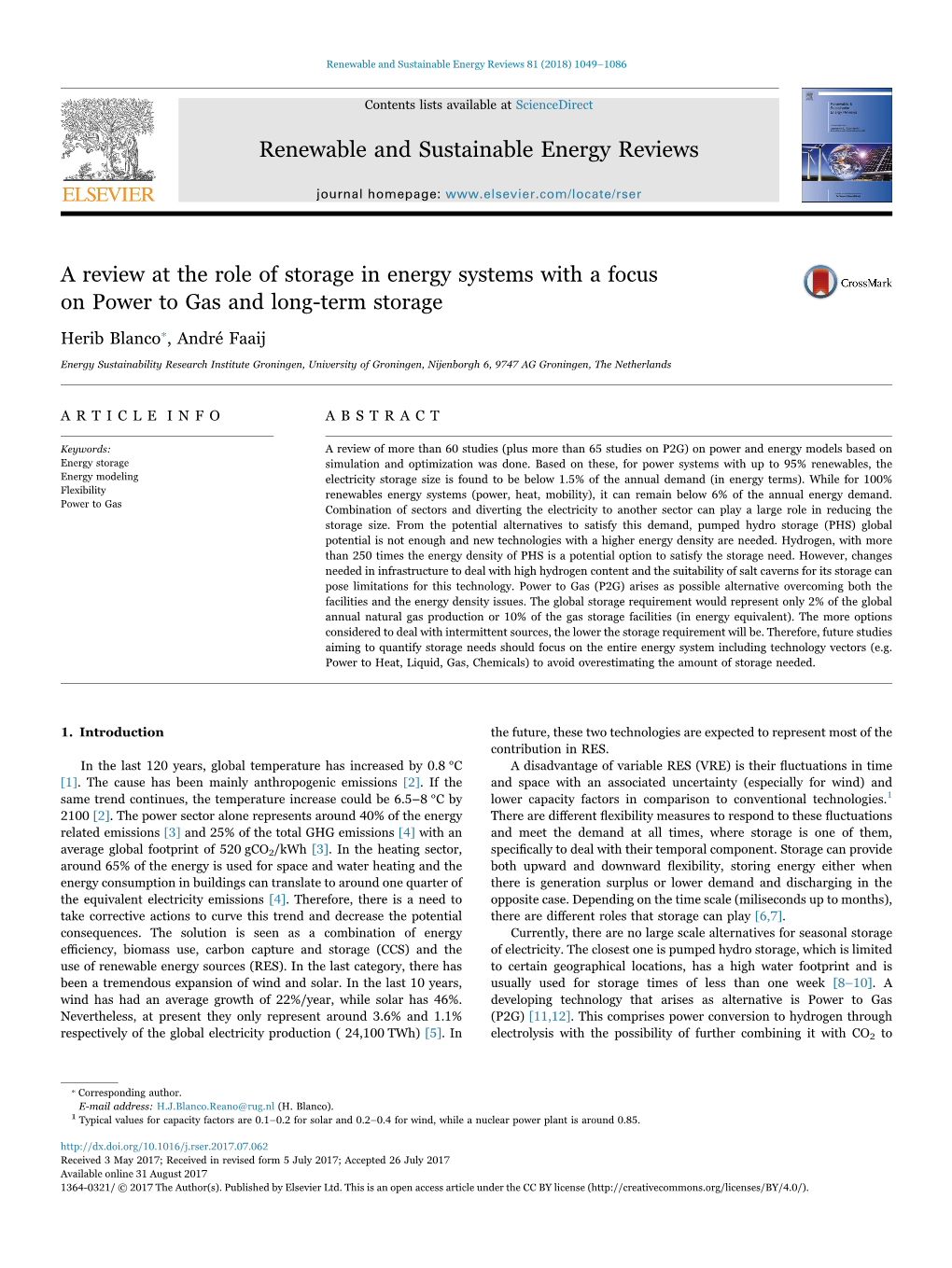 A Review at the Role of Storage in Energy Systems with a Focus on Power to Gas and Long-Term Storage