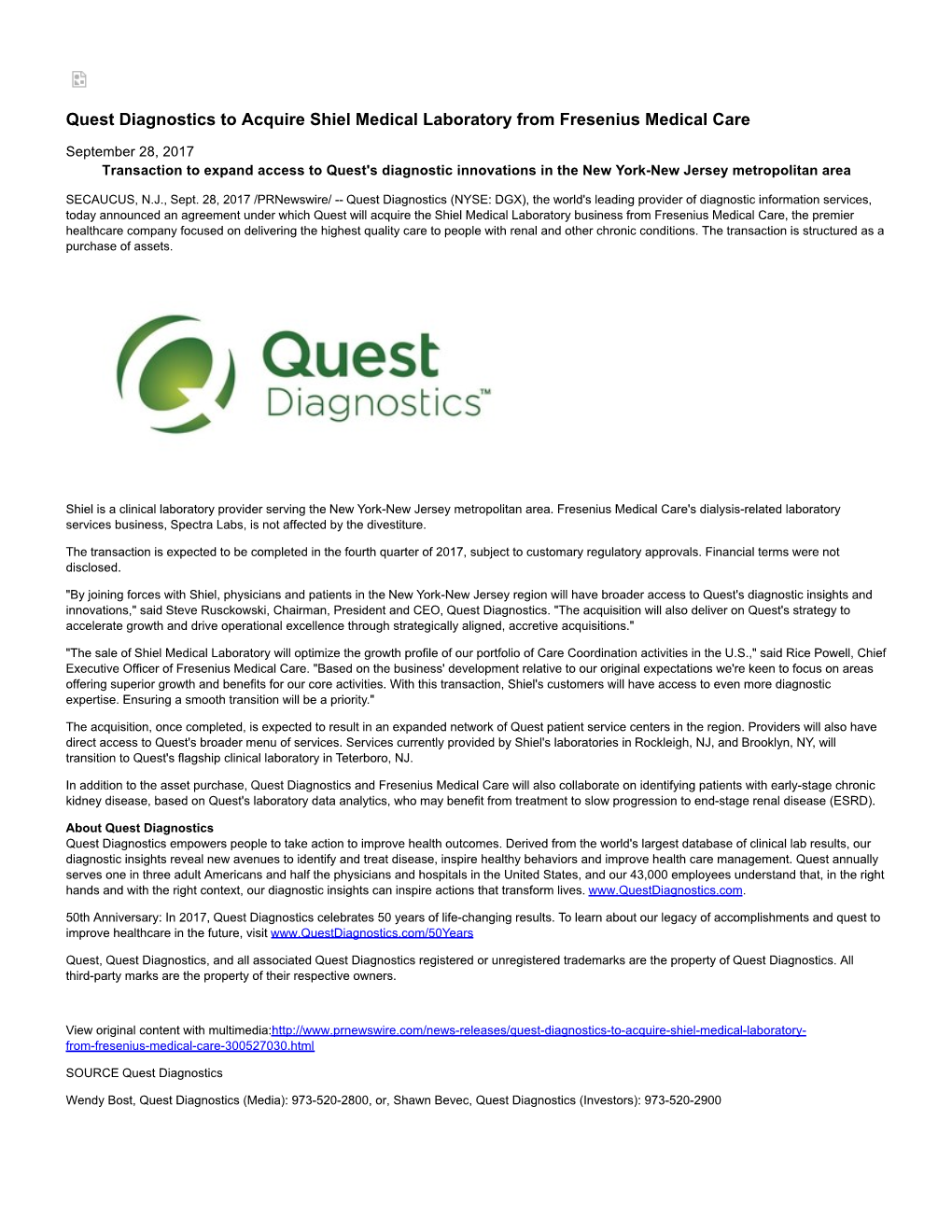 Quest Diagnostics to Acquire Shiel Medical Laboratory from Fresenius Medical Care