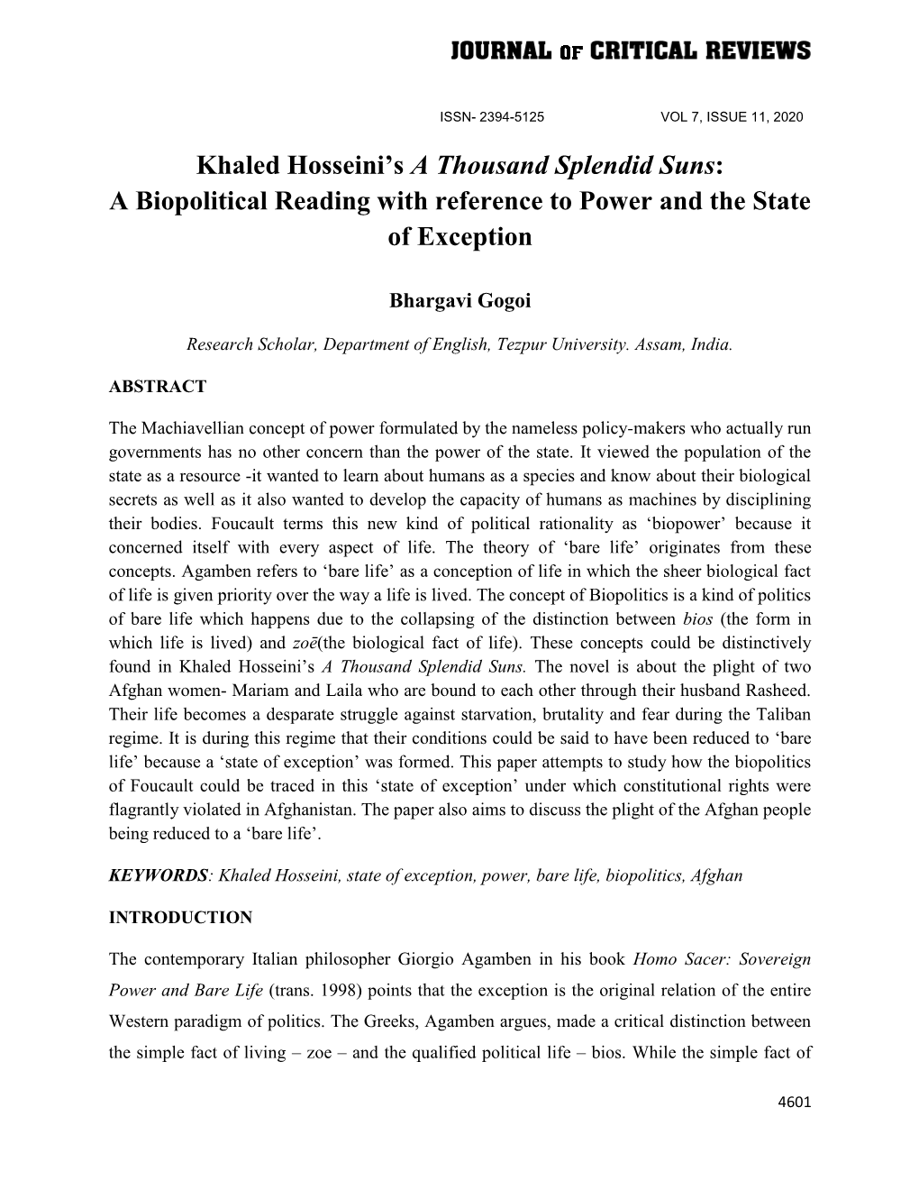 Khaled Hosseini's a Thousand Splendid Suns: a Biopolitical