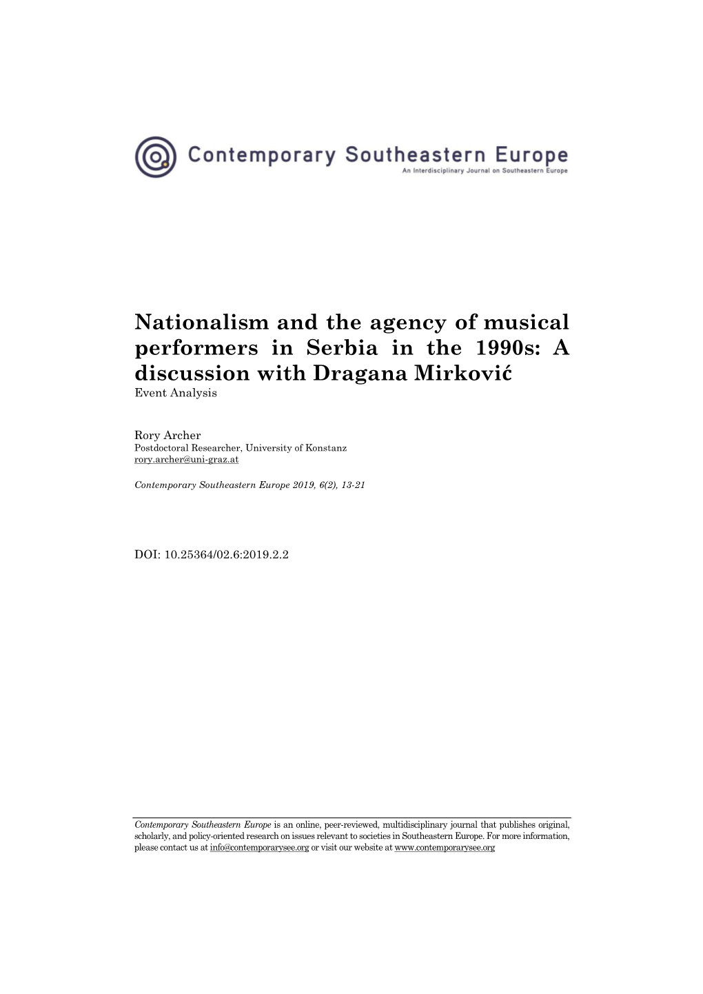 Nationalism and the Agency of Musical Performers in Serbia in the 1990S: a Discussion with Dragana Mirković Event Analysis