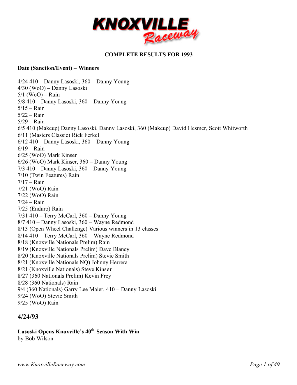 1993 Results, Stories and Points