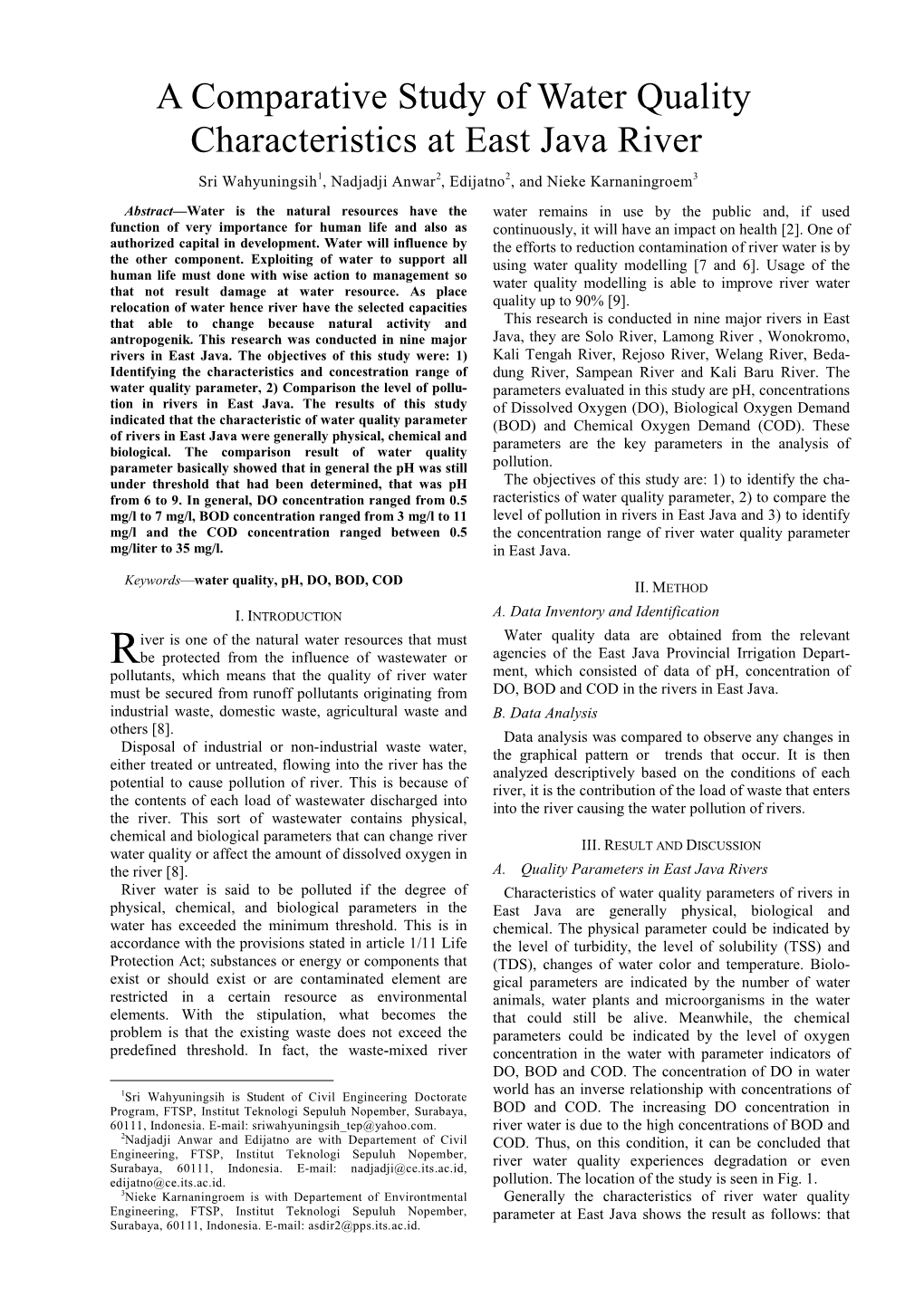 A Comparative Study of Water Quality Characteristics at East Java River