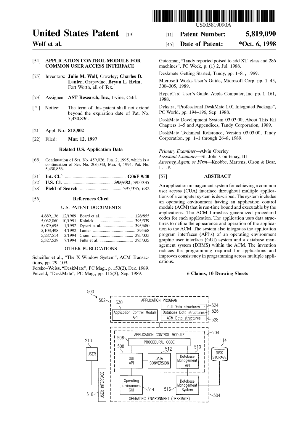 United States Patent (19) 11 Patent Number: 5,819,090 Wolf Et Al