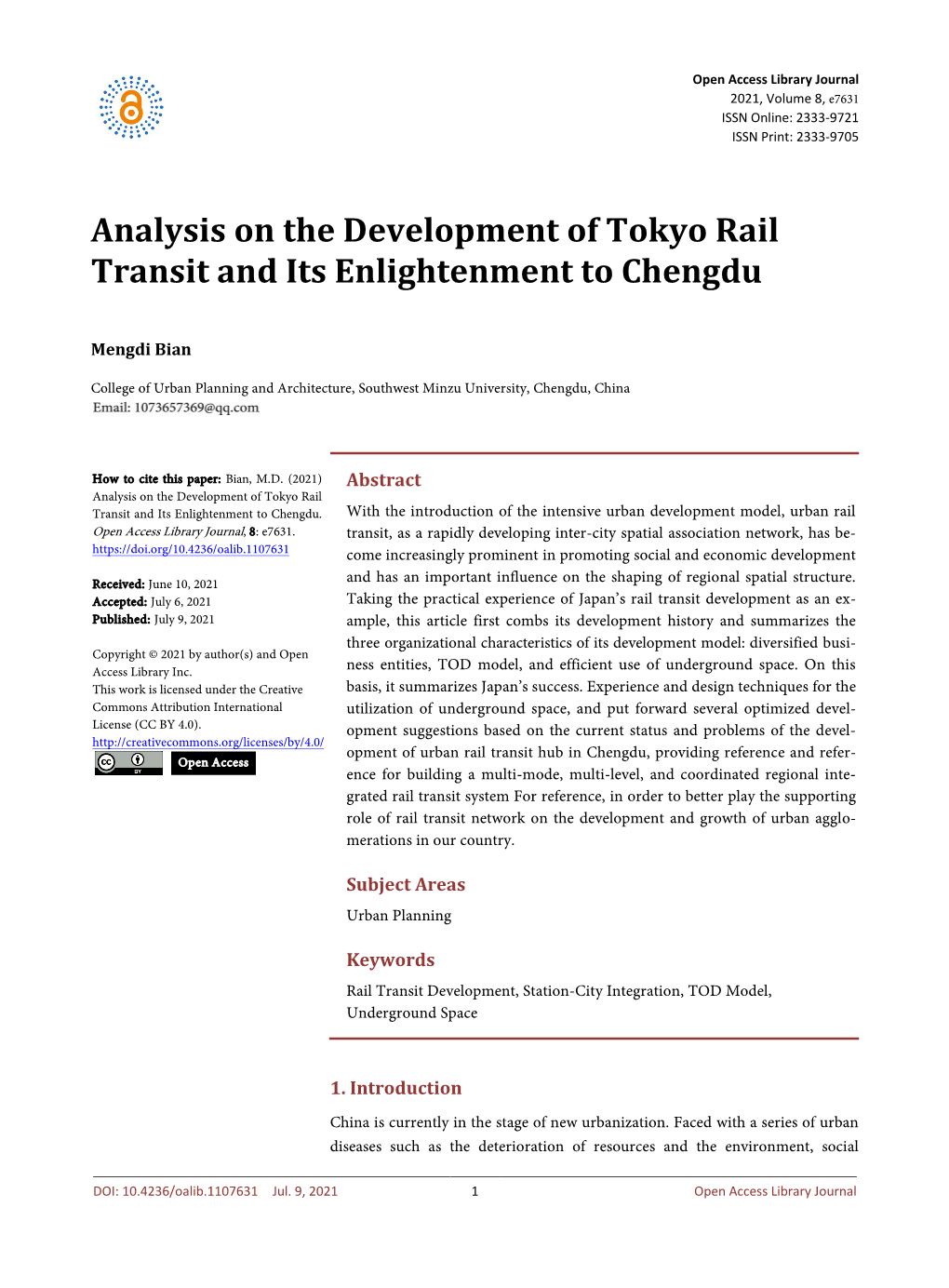 Analysis on the Development of Tokyo Rail Transit and Its Enlightenment to Chengdu