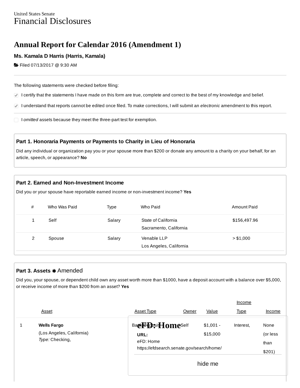 Kamala Harris Annual Financial Disclosure