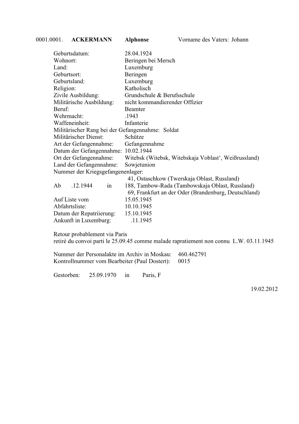 VIK-Lager 188 TAMBOW-Liste Der Amicale -10.05.2013