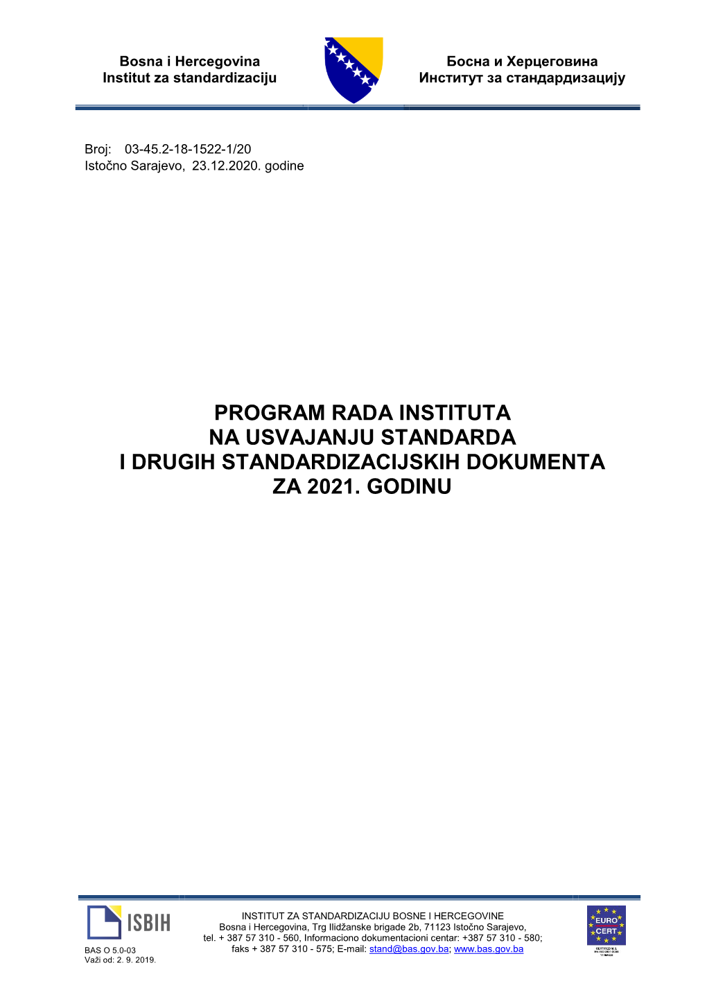 Program Rada Instituta Na Usvajanju Standarda Za 2021