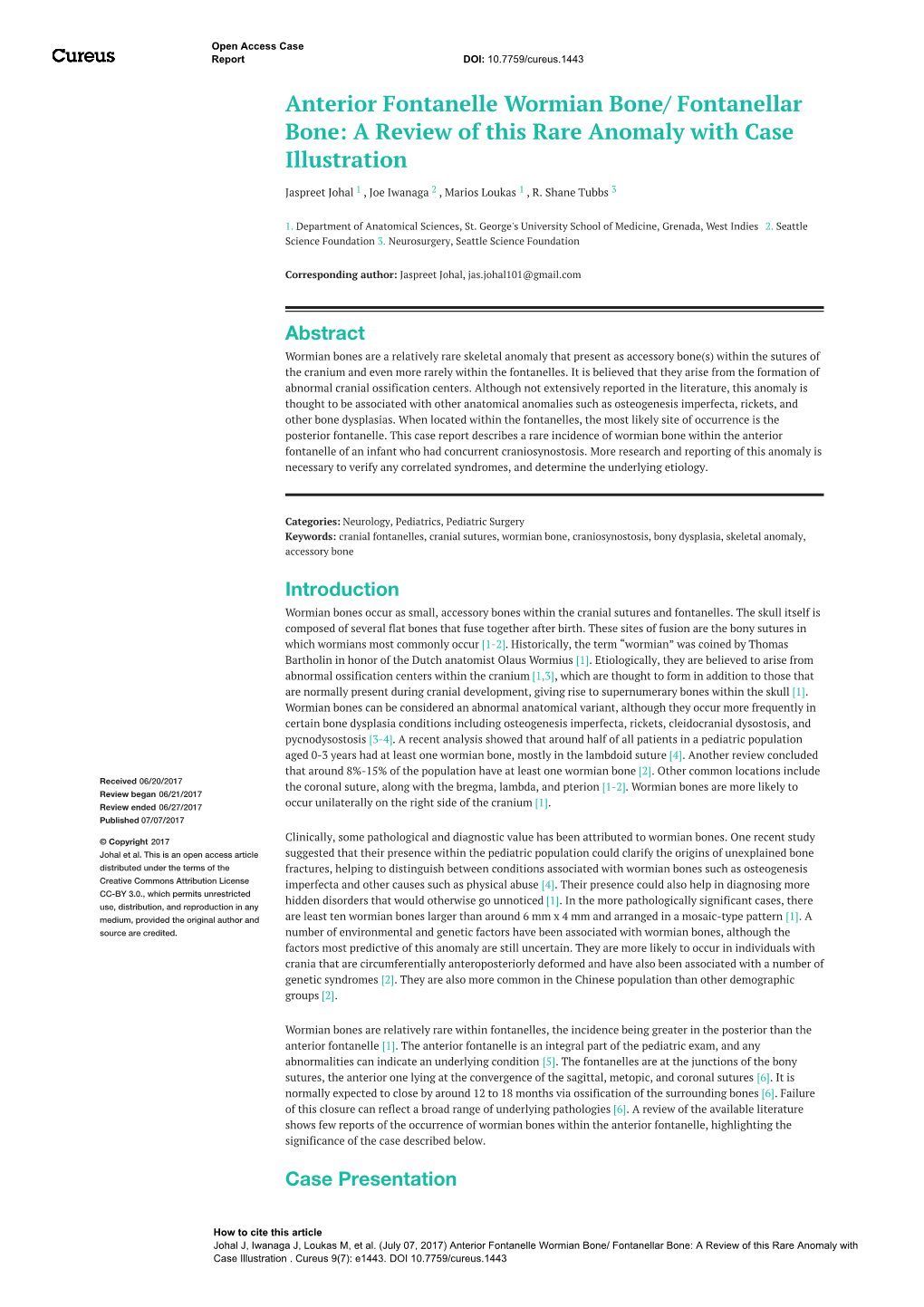 Anterior Fontanelle Wormian Bone/ Fontanellar Bone: a Review of This Rare Anomaly with Case Illustration