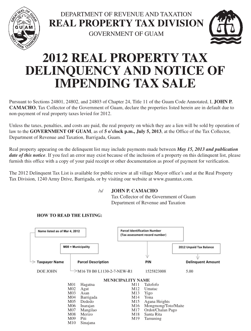 2012 Real Property Tax Delinquency and Notice of Impending Tax Sale