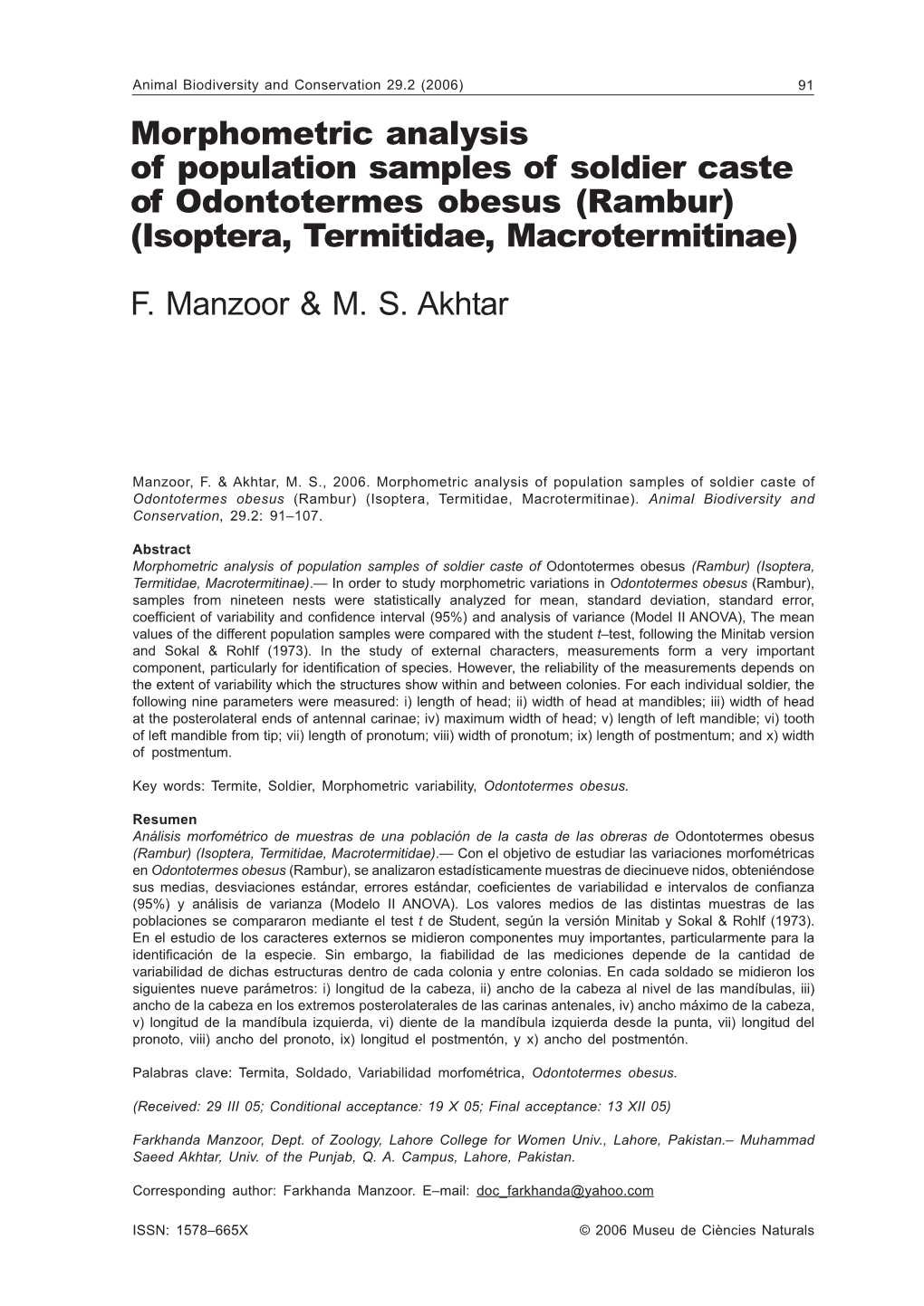 Morphometric Analysis of Population Samples of Soldier Caste of Odontotermes Obesus (Rambur) (Isoptera, Termitidae, Macrotermitinae) F