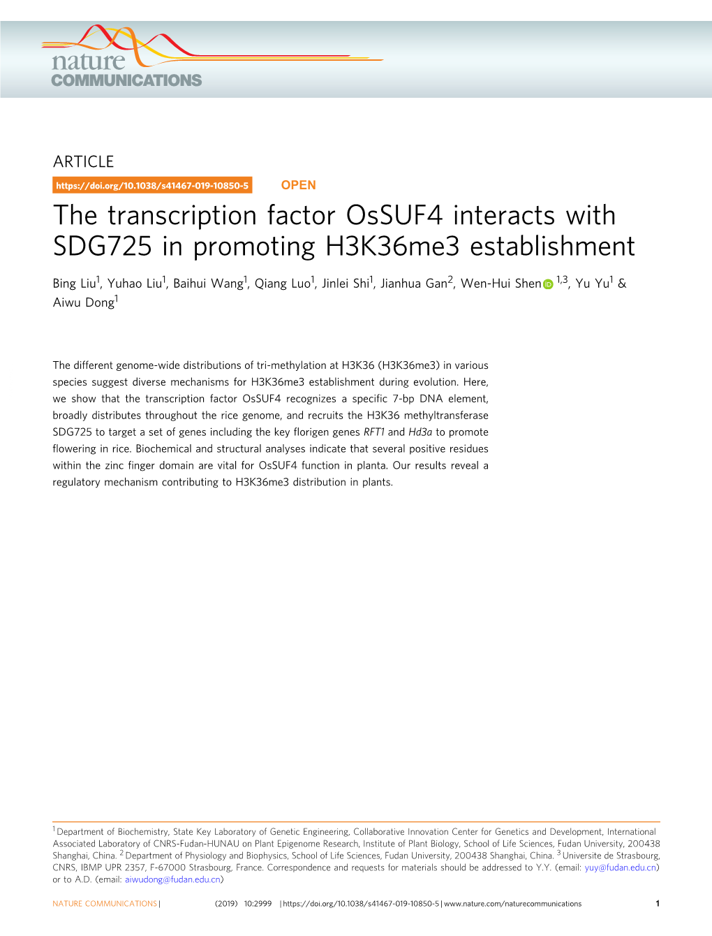 The Transcription Factor Ossuf4 Interacts with SDG725 in Promoting H3k36me3 Establishment