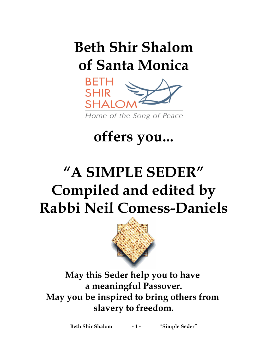 SIMPLE SEDER” Compiled and Edited by Rabbi Neil Comess-Daniels