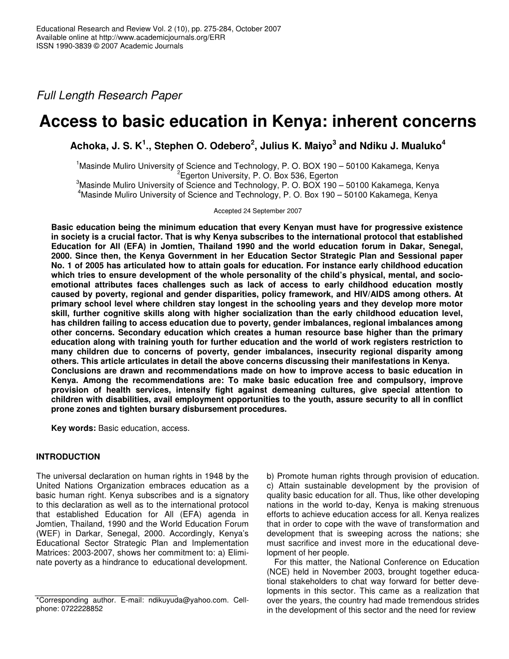 Access to Basic Education in Kenya: Inherent Concerns