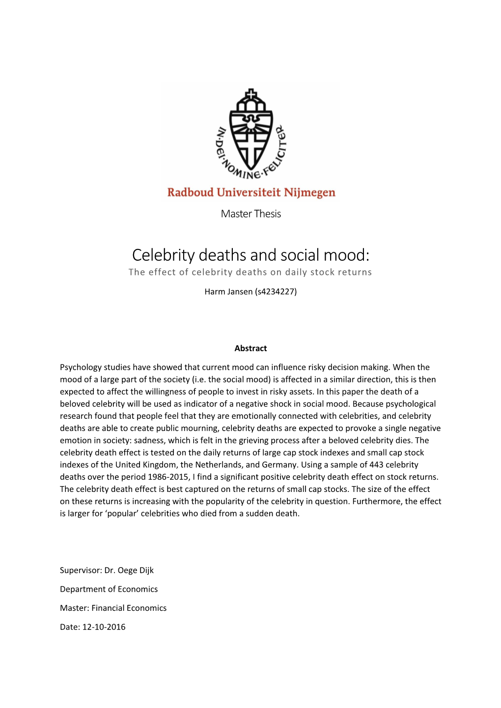 Celebrity Deaths and Social Mood: the Effect of Celebrity Deaths on Daily Stock Returns